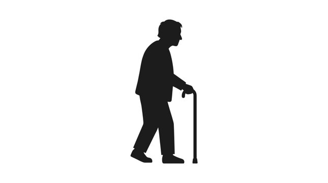 Elderly man with cane silhouette against a white background