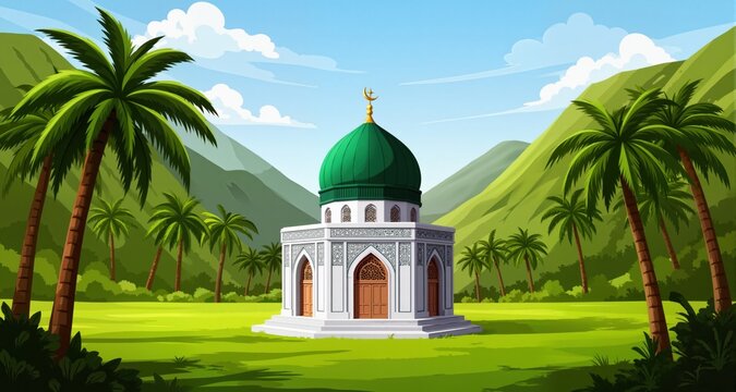 Tomb of the tomb of a Muslim saint In a valley of green and palm trees  ,vector - illustration

