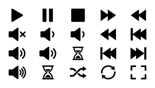 Minimalist media player icons set, black vector playback buttons for video and audio, 20 functional interface symbols for web and app design
