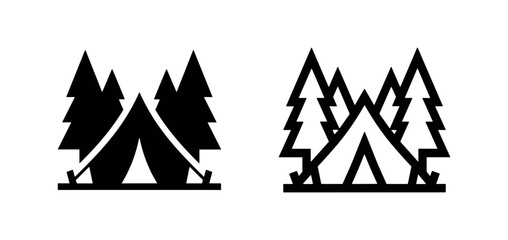 Camping tent in a forest with pine trees icon, vector illustration in solid and outline style. © liubomir118809