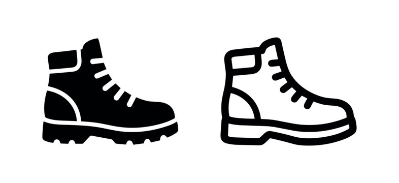 Hiking boot or trekking shoe icon, vector illustration in solid and outline style.