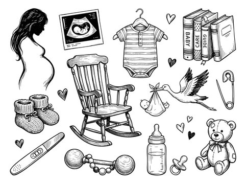 Black ink sketch of pregnant woman silhouette, baby bottle, nursery icon, motherhood element, isolated on white
