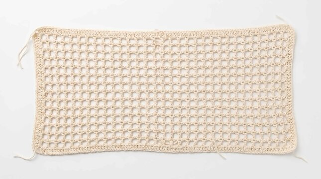 Beige handmade crochet fabric swatch with a square grid pattern isolated on a white background