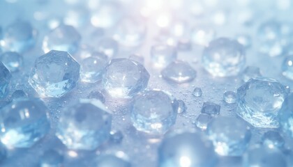 Fototapeta premium Scattered clear ice crystals sparkle on light blue surface. Small and large polygonal ice pieces reflect light in macro view. Cold texture abstract background, clean water drops are visible.