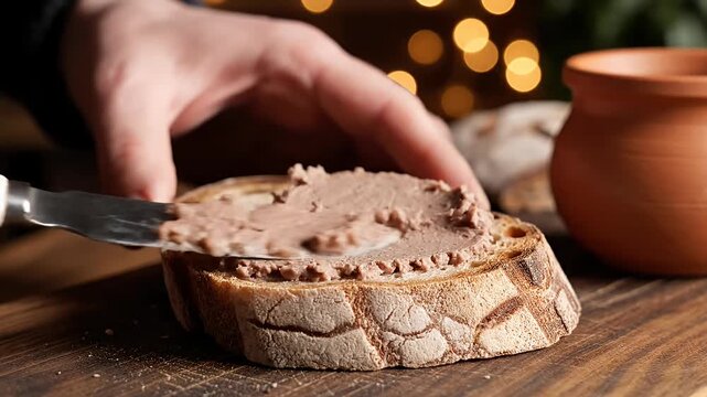 Spreading fresh liver pate on rustic sourdough bread slice.