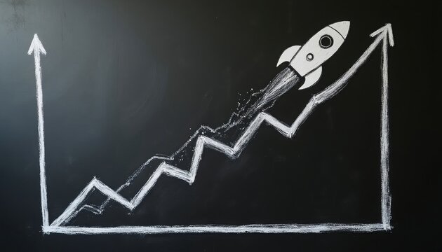 Chalk drawing shows rocket launch on growth chart. Upward trend line with jagged path indicates success and gain. Financial concept, business strategy, market rise.