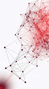 Abstract red and grey network of connected dots and lines on white background, symbolizing data, connection, technology, and complex systems