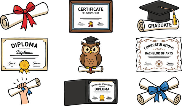 Cute hand drawn graduation diploma vector doodle set with scroll certificate academic cap gown mortarboard wise owl and congratulations degree illustration.
