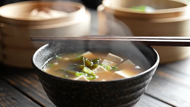Steaming hot miso soup with tofu and green onions.