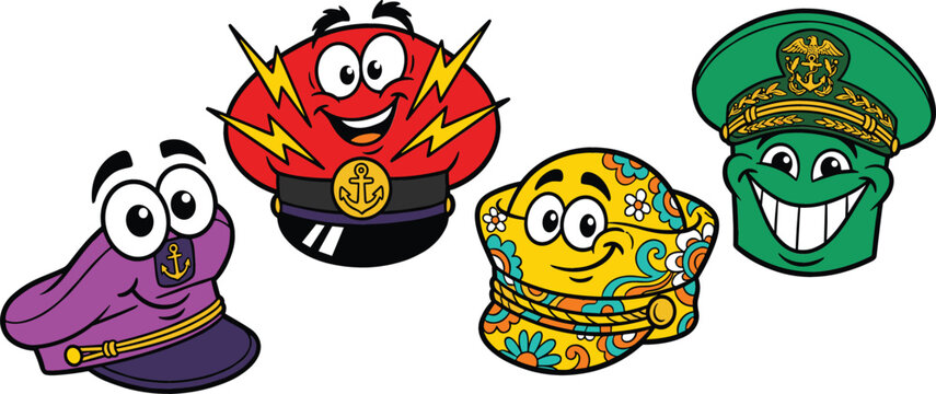 Funny cartoon captain hat character vector doodle set with cute smiley military officer peak cap nautical anchor pilot and retro floral hat mascot.