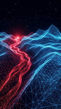 Digital landscape with red and blue wireframe mountains under a starry night, symbolizing data flow, network, and abstract digital art.