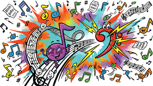 Retro pop art musical background vector illustration with funny cartoon music notes character bass clef treble clef lightning bolts and colorful halftone splash.