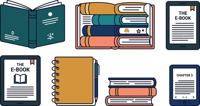 Set of colorful books and ebook reader tablets for reading and education isolated on a white background