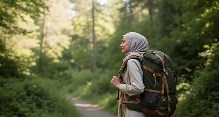 Fototapeta premium muslim woman in hijab with traveling backpack in nature 