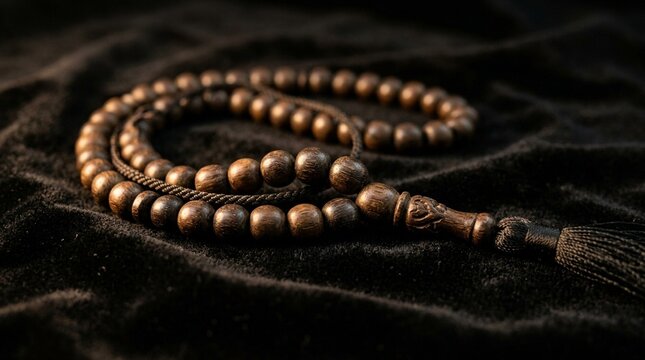 Prayer beads tasbih close-up on dark velvet spiritual concept Spiritual and Cultural Background