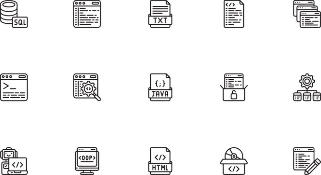 Software programming and web development outline vector icon set featuring html code documents, secure data files, txt formats, and system search tools