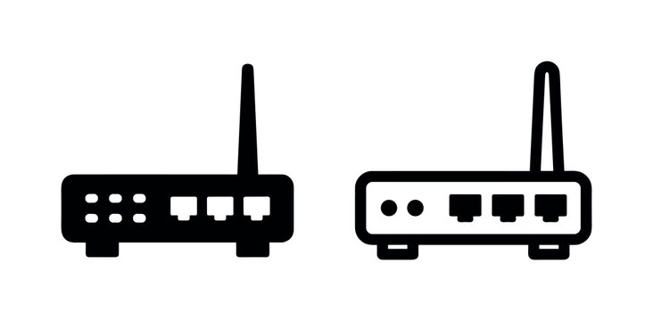 Network router icon set, ethernet switch or internet connection device symbol, solid and outline vector