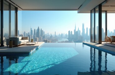 Naklejka premium Luxury penthouse infinity pool overlooking Dubai skyline. Modern apartment terrace with city view, sofas, dining area. High rise buildings cityscape, calm blue sky, bright day.
