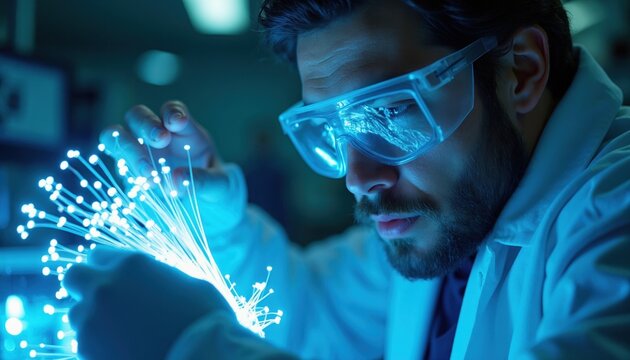 Man in lab coat and goggles handles glowing fiber optics. Researcher examines light strands and data flow. Science experiment with bright blue photons in research lab.