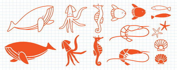Vector illustration of various red sea creatures on a grid background. © Rawpixel.com