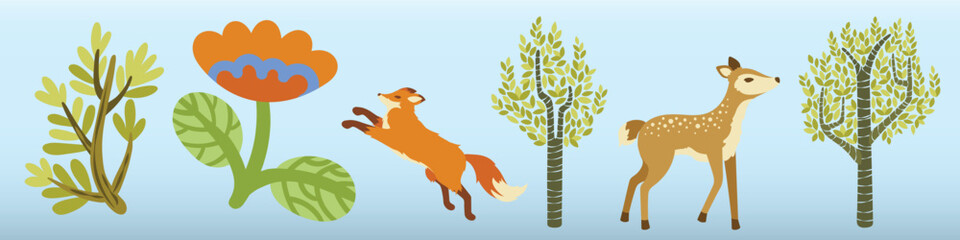 Obraz premium Vector illustration of a fox, deer, trees, and a flower on a light blue background.
