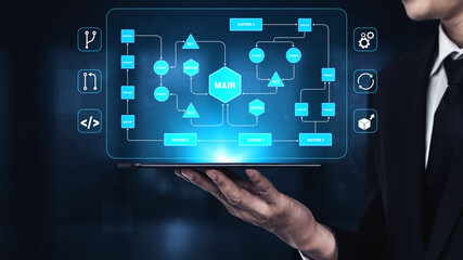 Futuristic Digital Interface Display with Flowchart and Icons for Innovative Technology and...