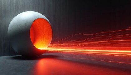 Fototapeta premium A white orb emits bright orange light streaks. This abstract energy tunnel suggests rapid motion and futuristic technology. It appears like a digital portal or a high-speed data stream.