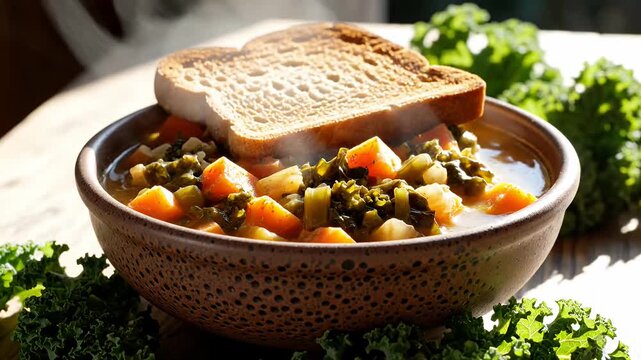 Vegetable soup bowl topped with toasted bread slice.