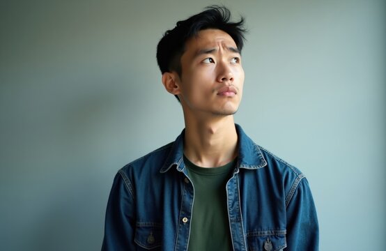 Young Asian man looks up thoughtfully. Concerned guy with furrowed brow considers decision, pondering problem. He has doubt, thinking about future challenges or options.