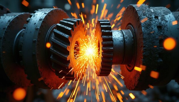Close up of metal gears meshing creating bright orange sparks. Intense friction generates light and heat in industrial factory setting. Heavy machinery parts move together creating powerful energy.