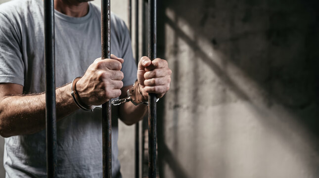 Handcuffed faceless man in grey shirt gripping rusty prison bars from inside cell, incarceration concept. Punishment, arrest and Imprisonment conceptual. Liability for Crime with copy-space.