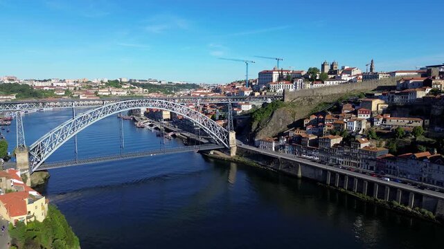 Dom Luis I Bridge over Douro River in Porto, Portugal on a Sunny Day 