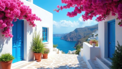 Obraz premium Charming white building with blue doors overlooks bright blue sea. Pink bougainvillea blooms over sunny white walled path. Steep hills rise above coastal village. Summer vacation destination.