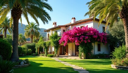 Obraz premium Elegant Mediterranean villa set in rich gardens with vibrant flowers and palm trees. Stone path winds through perfectly manicured green lawn leading to entrance, inviting relaxation and tranquility.