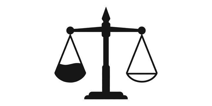 A gray scale icon of balanced justice with unequal weights on transparent background