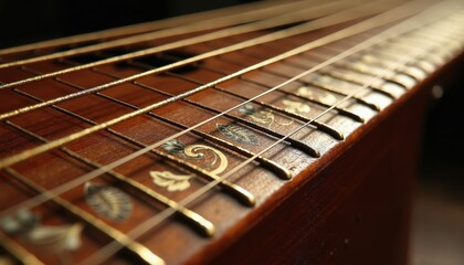 Fototapeta premium Closeup view of vintage musical instrument frets and strings. Ornate wood inlay work features detailed leaf patterns. Rich brown tones create a warm, classic feel for music lovers and creators.