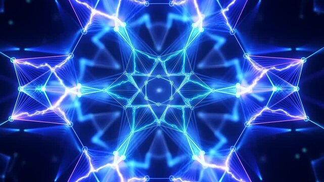 Kaleidoscopic neon network of glowing nodes, filament lines, star and hexagon geometry, symmetrical mesh with radiant cyan to magenta light, electric arcs, deep contrast