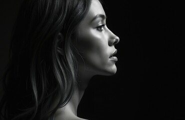 Naklejka premium Profile view woman head. Elegant lady face with wavy hair in studio. Black and white portrait, dark background. Natural beauty, sensual lips, clear skin.