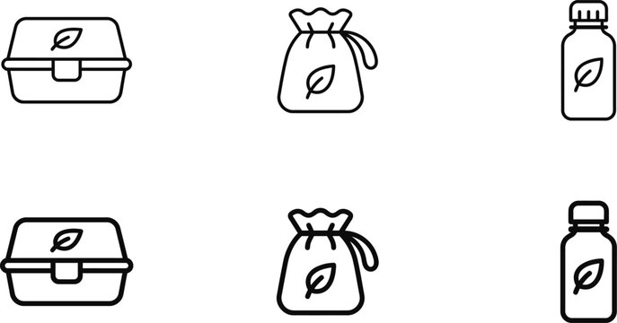 Various containers with green leaf icons, eco friendly