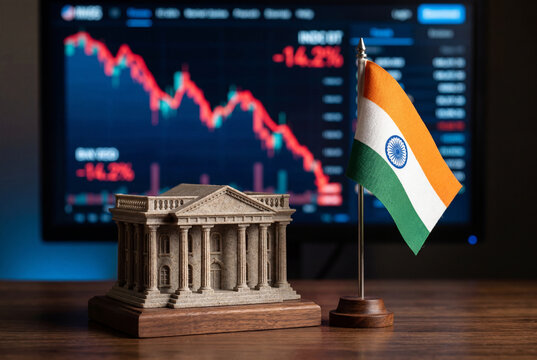 Indian flag and miniature building model on a wooden desk in front of a falling red stock chart