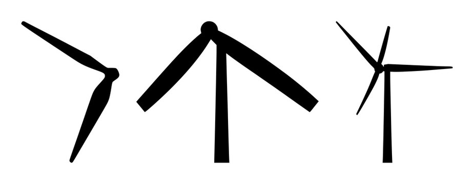 Wind turbine blades set with solid black icon, white background featuring wind energy, renewable, iconography with efficiency and sustainability