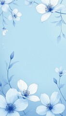 Fototapeta premium Delicate blue line art flowers with white petals and blue centers on a light blue gradient background. Botanical illustration with thin branches and leaves. Elegant floral pattern for design.