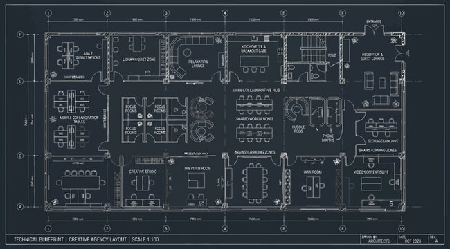 Technical office floor plan layout for a creative agency department
