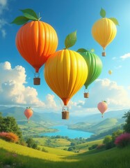 Fototapeta premium Orange, lemon, lime hot air balloons drift over rolling green hills and blue lake. Sunny summer landscape with fluffy clouds and clear sky offers serene adventure.