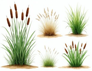 Fototapeta premium Watercolor drawings of cattails reeds and grasses isolated on white background. Plants grow in wetland marsh river bank shore areas. Useful for nature eco game design.