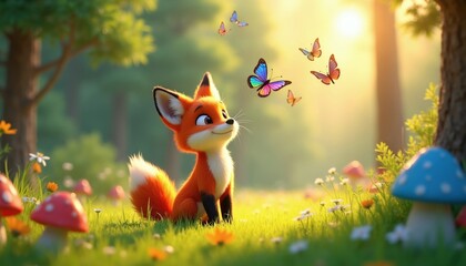 Naklejka premium Cute cartoon fox watches colorful butterflies flutter in a sunlit forest meadow. Small flowers and whimsical mushrooms dot the green grass. Adorable scene of wildlife wonder and nature exploration.