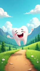 Fototapeta premium Smiling tooth character joyfully levitates above a mountain path. A cute cartoon tooth enjoys nature, sky, and green fields. Dental health care animation.