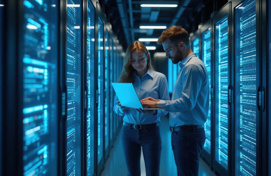 Man and woman work together on laptop in data center aisle. Blue lights glow from server racks, showing complex digital information. Team collaborates on tech project near computer hardware.