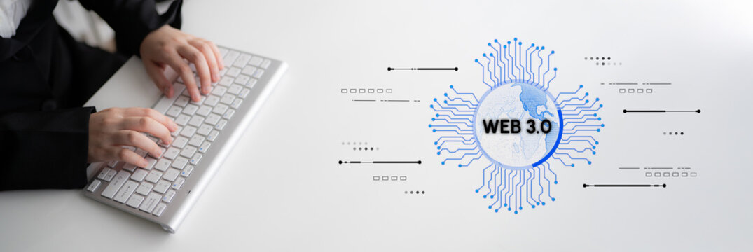 Hands Typing on Keyboard with Web 3.0 Concept Overlaid in Digital Art Style Featuring Technology and Modern Communication Elements. Entropy.