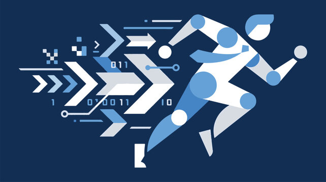 Abstract Geometric Businessman Running Fast with Binary Code and Data Growth Arrows